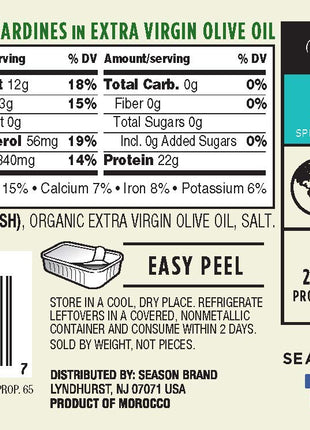 Season Sardines in Extra Virgin Olive Oil - Skinless & Boneless, Wild Caught, 22g of Protein, Keto Snacks, More Omega 3's Than Tuna, Kosher, High in Calcium, Canned Sardines - 4.37 Oz Tins, 12-Pack