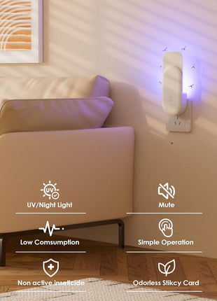 Flying Insect Trap, 2 in 1 Indoor Plug-in Fruit Fly Trap, 1 Trap White and 6 Glue Cards, Fruit Fly Traps for Gnat, Moth, Mosquito, Suitable for Every Part of The Home