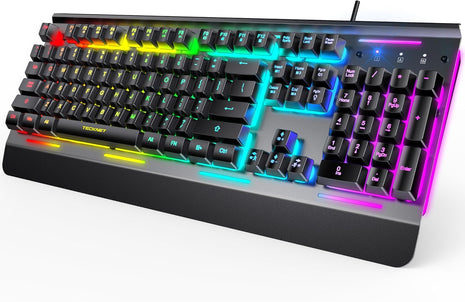 TECKNET Wired Gaming Keyboard, USB Wired Computer Keyboard, 15-Zone RGB Illumination, IP32 Water Resistance, 25 Anti-ghosting Keys, All-Metal Panel (Whisper Quiet Design)