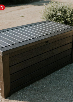 Keter 150 Gallon Resin Large Deck Box Organization and Storage Box for Patio, Outdoor Cushions, Garden Tools, Brown | Hydraulic Pistons, Resin, Weatherproof