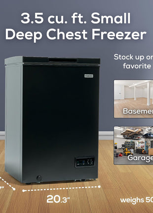 Igloo 3.5 Cu Ft. Upright Deep Freezer Chest- Deep Freezer with Quick Freezing System & Adjustable Thermostat- Low Noise Freezer with Removable Basket & LED Lights for Homes, Garages & Basements- Black