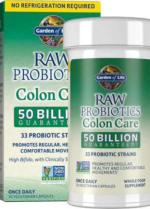 Garden of Life Probiotics for Women and Men - Raw Probiotics Colon Care 50 Billion CFU and Enzymes, Shelf Stable Once Daily Acidophilus Probiotic for Regularity and Immune Health Support, 30 Capsules