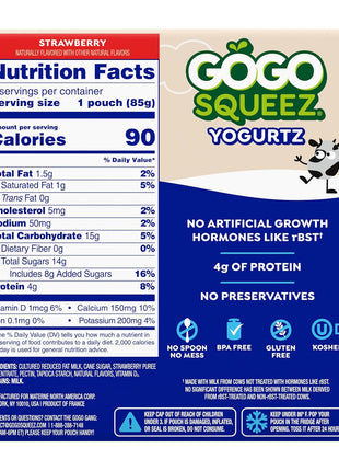 GoGo SqueeZ YogurtZ Strawberry, Kids Snacks Made from Real Yogurt & Fruit, Pantry Friendly Snack, No Fridge Needed, No Preservatives, Kosher Certified, Gluten Free, 3 Oz, 4 Pack