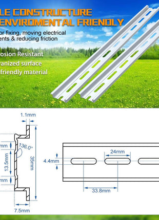 2 Piece VAMRONE Aluminum DIN Rails, 12 Inch Long, 35mm Wide, 7.5mm High, Top Hat Slotted DIN Rail with RoHS, Extra Premium Screws Included for Hardware Components Mounting