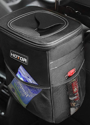 HOTOR Car Trash Can, Compact Waterproof Organizer, Leak-Proof Bin, 2-Gallon | Black, Multifunctional Car Accessory with Adjustable Straps & Magnetic Snaps for Interior Car Storage