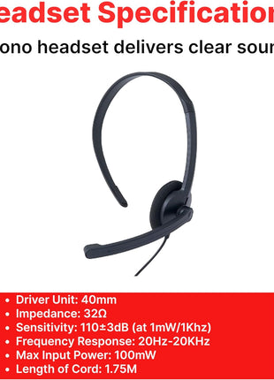 Verbatim Mono 3.5mm Wired Headset with Microphone and in-Line Remote, Black | 3.5mm mono headset with rotatable microphone and in-line remote for calls, conferencing and office use