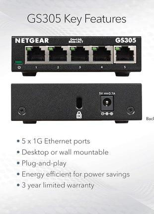 NETGEAR 5-Port Gigabit Ethernet Unmanaged Essentials Switch (GS305) - Home Network Hub, Office Ethernet Splitter, Plug-and-Play, Silent Operation, Desktop or Wall Mount