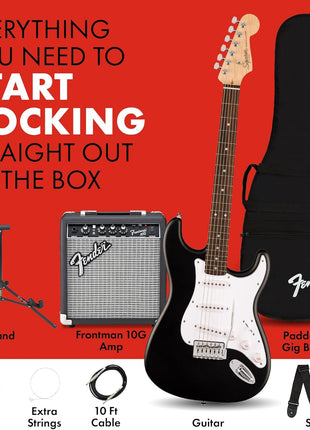 Fender Squier Debut Series Stratocaster Electric Guitar Kit, Beginner Guitar Kit, with 2 Year Warranty, with Padded Gig Bag, Frontman 10G Amp, Strap, and More, Includes Free Lessons, Black
