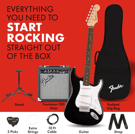 Fender Squier Debut Series Stratocaster Electric Guitar Kit, Beginner Guitar Kit, with 2 Year Warranty, with Padded Gig Bag, Frontman 10G Amp, Strap, and More, Includes Free Lessons, Black