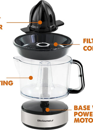 Elite Gourmet ETS623 BPA Free Electric Citrus Juicer, Compact, Large Volume, Pulp Control, Oranges, Lemons, Limes, Grapefruits with Easy Pour Spout, 24oz, Black/Stainless Steel