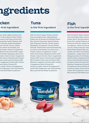 Blue Buffalo Tastefuls Flaked Wet Cat Food Variety Pack, Made with Natural Ingredients, Tuna, Chicken, Fish & Shrimp, 3-oz Cans (12 Count, 4 of Each)