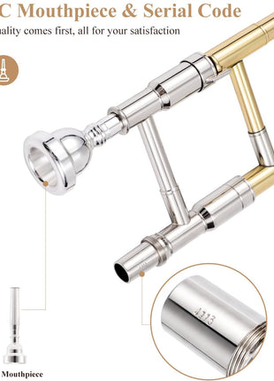 Eastar Bb Tenor Slide Trombone for Beginners Students, B Flat Brass Plated Trombone Instrument with Mouthpiece, White Gloves, Cleaning Kit, ETB-330, Golden