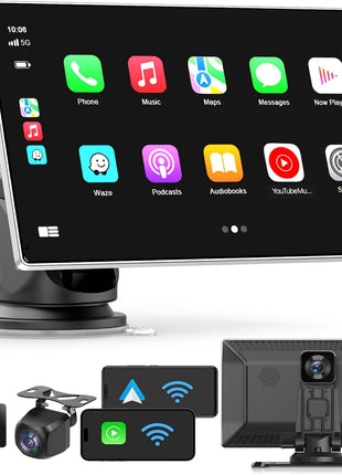 9" Wireless Apple Carplay Screen for Car,with 4K Dash Cam | and 1080p Backup Camera ,Apple Carplay & Android Auto with DVR,GPS Navigation Mirror Link,Bluetooth,FM, Siri