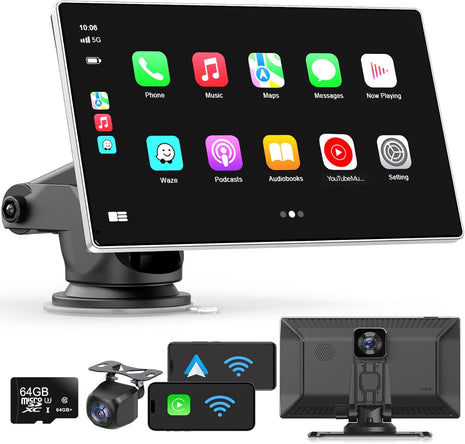 9" Wireless Apple Carplay Screen for Car,with 4K Dash Cam | and 1080p Backup Camera ,Apple Carplay & Android Auto with DVR,GPS Navigation Mirror Link,Bluetooth,FM, Siri