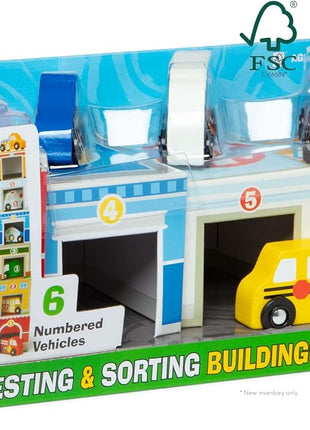 Melissa & Doug Nesting and Sorting Blocks - 6 Buildings, 6 Wooden Vehicles - FSC Certified