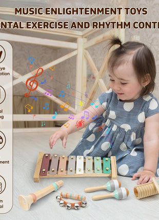 LeeQee Montessori Wooden Musical Instruments Set, Xylophone for Toddlers 2+ | Neutral Boho Colors, Nursery Decor Friendly, Sensory Percussion Toys for Preschool Boys and Girls, Early Learning Gift