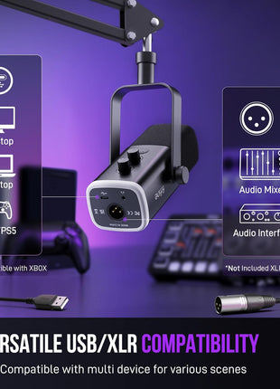 FIFINE XLR/USB Gaming Microphone Set, Dynamic PC Mic for Streaming Podcasting, Computer RGB Mic Kit with Boom Arm Stand, Mute Button, Headphones Jack, for Recording Vocal Voice-Over-AmpliGame AM8T