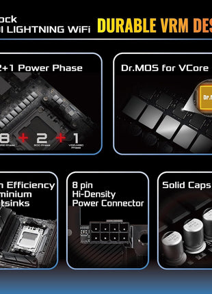 ASRock B650I Lightning WiFi AMD AM5 Mini-ITX Motherboard, Supports AMD Ryzen 9000/8000/7000 Series Processors, DDR5 7200+ (OC), PCIe 5.0 M.2, 2.5G LAN, WiFi 6E, 8+2+1 Power Phase