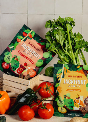 Jack & Friends Jackfruit Jerky Ginger Teriyaki - Plant Based Vegan Jerky Snack, Healthy Meatless Jerky Alternative Made from Jackfruit, 13g Protein, 8g Fiber, Gluten Free, Soy Free, Low Sugar, 2.2 oz (1 Pack)