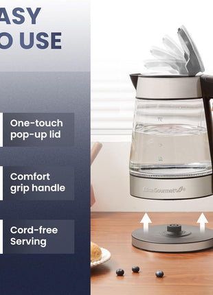 Elite Gourmet EKT-602 BPA-Free Electric Glass Kettle, Cordless 360° Base | Stylish Blue LED Interior, Auto Shut-Off Function, Quickly Boil Water for Tea & More