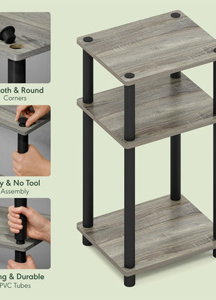 Furinno Just 3 Tier Turn N Tube End Table / Side Table / Night Stand / Bedside Table with Plastic Poles, 1 Pack, French Oak Grey/Black