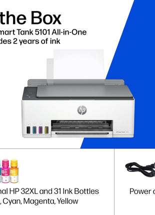 HP Smart Tank 5101 Wireless All-in-One Refillable Printer, Scanner, Copier with 2 Years of Ink Included, Wireless (2.4ghz only) Printer-for-Home use (1F3Y0A)