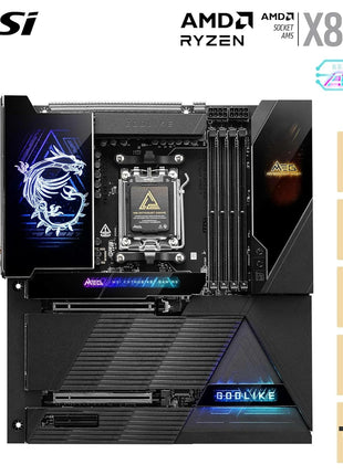 MSI MEG X870E GODLIKE, E-ATX - Supports AMD Ryzen 9000/8000/7000 Processors, AM5 - Dynamic Dashboard III, EZ Slide M.2, 110A SPS, DDR5 Memory (9200+ MT/s OC), M.2 & PCIe 5.0, USB4, Wi-Fi 7, 10G LAN