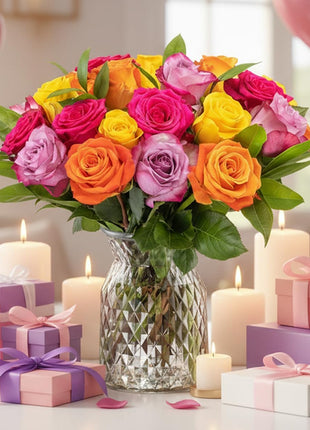 Benchmark Bouquets - Roses Bouquet Assorted Colors - Fresh Flowers for Delivery - Two Dozen Long Stem Roses - Live Flowers - Gift Roses in a Box - Birthday Flowers for Women (Glass Vase Included)