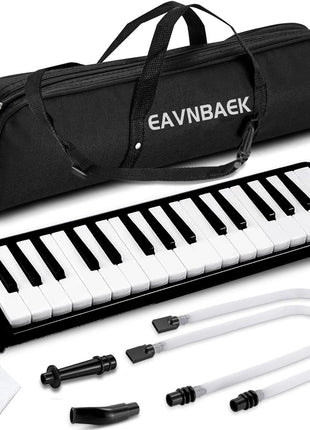 Eavnbaek 32 Keys Melodica Instrument, Soprano Melodica Air Piano Keyboard Pianica with 2 Soft Long Tubes, 2 Short Mouthpieces and Carrying Bag (Black)