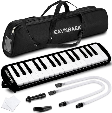 Eavnbaek 32 Keys Melodica Instrument, Soprano Melodica Air Piano Keyboard Pianica with 2 Soft Long Tubes, 2 Short Mouthpieces and Carrying Bag (Black)