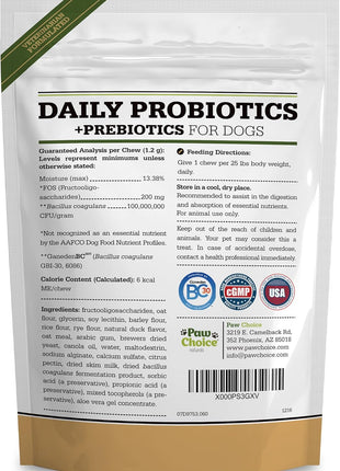 Paw Choice Probiotics for Dogs with Prebiotics - Daily Chews for Gut Health, Digestion, Regularity, and Immune Support - Natural Supplement Treat Made in USA