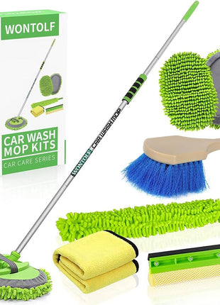 Wontolf 62'' Car Wash Brush with Long Handle Chenille Microfiber Car Wash Mop Mitt Kit Car Detailing Brush Cleaning Kit Window Squeegee Car Duster Drying Towels Tire Brush for Cars RV Truck Boat