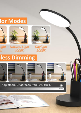 Desk Lamp, LED Desk Lamp for Home Office, Touch Table Lamp with 3 Color Modes 360° Adjustable Arm, Dimmable Desk Light with Pen Phone Holder, Black