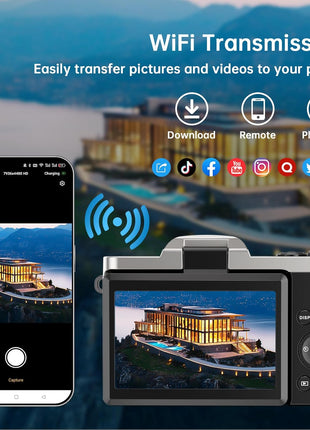 4K Digital Camera for Photography with WiFi, 2025 Latest Auto-Focus Vlogging Camera for YouTube Video 3'' 180° Flip Screen Travel Cameras 16X Zoom Anti-Shake 4K Cameras with SD Card, 2 Batteries