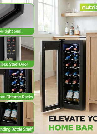 Nutrichef 12 Bottle Stainless Steel Slim Wine Fridge | Red & White Wine Chiller | Adjustable Temperature Control, Ultra Quiet Operation & Energy Efficient | Mini Wine Cooler Refrigerator | 31x10x17 IN