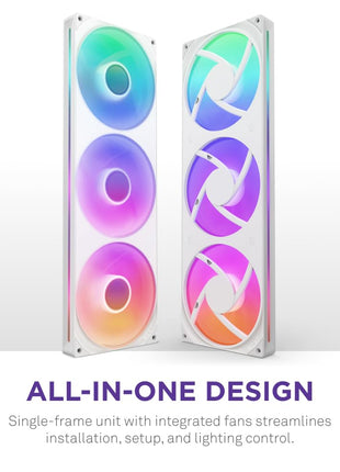 NZXT F420 RGB Core - 420mm Single-Frame RGB Fan Unit - White | 420mm single-frame unit with three 140mm RGB fans on one cable. Speed and lighting controlled through CAM.