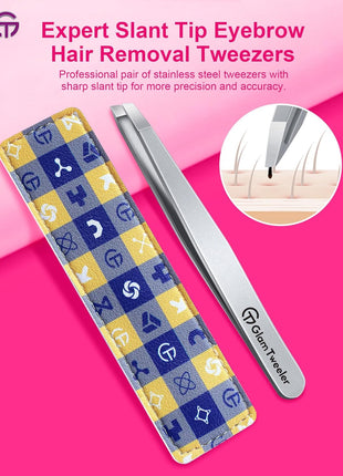 Expert Slant Tip Tweezers with Leather Case, GlamTweeler Sharp & Precision Stainless Steel Tweezer for Eyebrows, Facial Hair and Fine Hairs Removal (Silver)