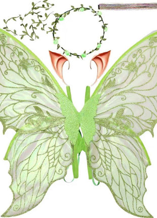Fairy Wings for Adults, Fairy Costume Set with Floral Garland, Fairy Hair Tinsel, Wand & Elf Ears – 31.5"x21.6" Organza Butterfly Wings – Ideal for Cosplay, Party, Black
