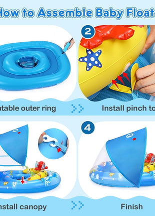 EZIGO Baby Pool Float Canopy UPF50+, Kids Floats for 6-36 Months Boys Girls | 120° Adjustable Sun Protection Toddler Swim Float with Squeaky Toys, Dual Air Chambers & Infant Baby Floatie with Safety Seat