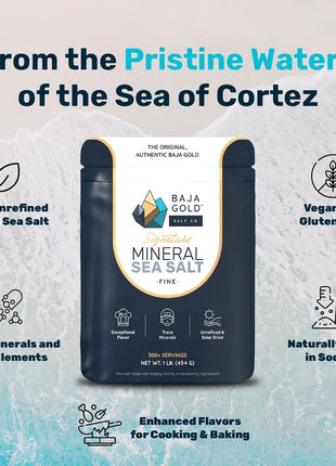 Baja Gold Signature Mineral Sea Salt - Recommended by Gary Brecka - Authentic Fine Grind Salt for Cooking & Baking | Natural Baja Salt for Culinary Uses | Great for Finishing Dishes | 1 lb. Resealable Bag, 300+ Servings