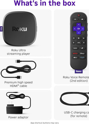 Roku Ultra - Ultimate Streaming Player - 4K Streaming Device for TV with HDR10+, Dolby Vision & Atmos - Bluetooth & Wi-Fi 6 - Rechargeable Voice Remote Pro with Backlit Buttons - Free & Live TV