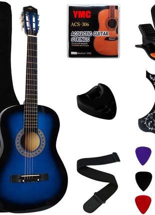 YMC 38 inch Blue Beginner Acoustic Guitar Starter Package Student Guitar with Gig Bag,Strap, 3 thickness 9 Picks,2 Pickguards,Pick Holder, Extra Strings, Electronic Tuner -Blue