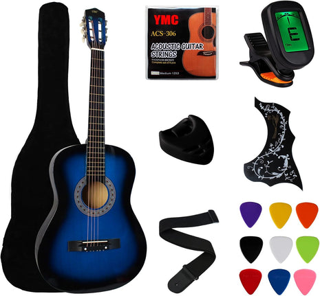 YMC 38 inch Blue Beginner Acoustic Guitar Starter Package Student Guitar with Gig Bag,Strap, 3 thickness 9 Picks,2 Pickguards,Pick Holder, Extra Strings, Electronic Tuner -Blue