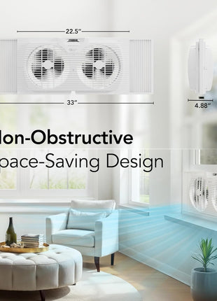 Comfort Zone Window Fan for Bedroom, 9 inch 3 Speed Dual Fans with Auto Locking Expanders, Window Exhaust Fan, Removeable Bug Screen, White
