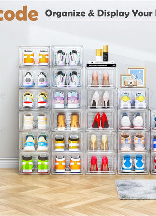 Sturdy Clear Shoe Organizer with Magnetic Door, Stackable Shoe Storage Box | Thick Plastic Shoe Storage for Sneakers & Boots, Collapsible Closet Shoe Rack and Clear Shoe Box, 6 Pack White