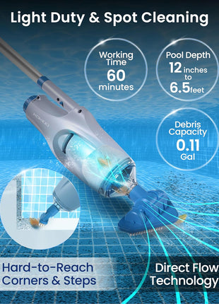KOKIDO Cordless Handheld Pool Vacuum for Above Ground Pool, with 6ft Pole and 2 Vac Brush Heads, Ideal for Spot Cleaning Small Inground Pool Spa up to 20ft, Rechargeable, 60min, Sand and Light Debris