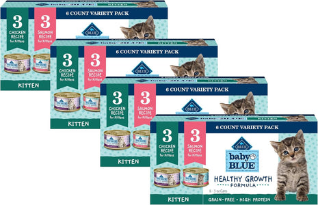 Blue Buffalo Baby Blue Natural Kitten Wet Cat Food Paté Variety Pack, Healthy Growth Formula with DHA, High-Protein & Grain-Free, Chicken and Salmon Recipes, 3-oz Cans (6 Count, 3 of Each) (Pack of 4)