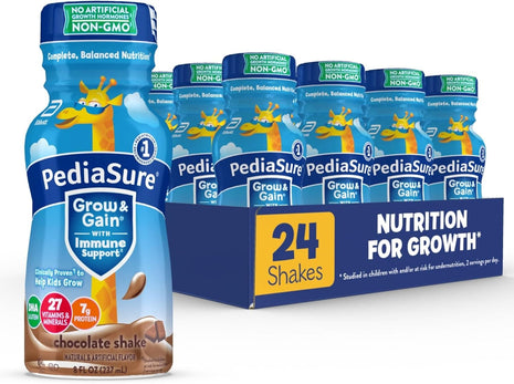 PediaSure Grow & Gain Kids Nutrition Shake, 7g Protein, Chocolate, 24 Pack | GreatTasting Nutritional Shake with Immune Support for Kids, 27 Vitamins & Minerals, is Non-GMO & Gluten-Free, 8 floz bottles