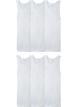 Fruit of the Loom Men's Sleeveless Tank A-Shirt, Tag Free & Moisture Wicking, Ribbed Stretch Fabric, 6 Pack-White, Large