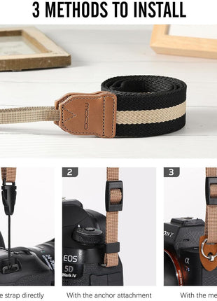 MoKo Camera Strap Compitable with Canon/Sony/Nikon/Minolta/Panasonic/DSLR | Cotton Vintage Camera Strap,Adjustable Neck Shoulder Strap,for Camcorder,Binoculars,for Adults Kids, Black + Beige
